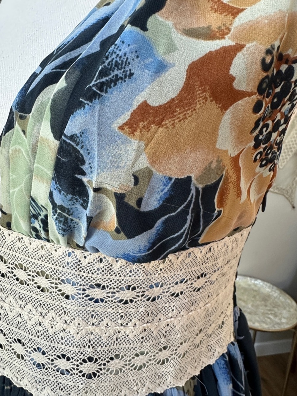 Free People Navy Multi Floral Midi Dress with Crochet Waistband - Picture 6 of 13